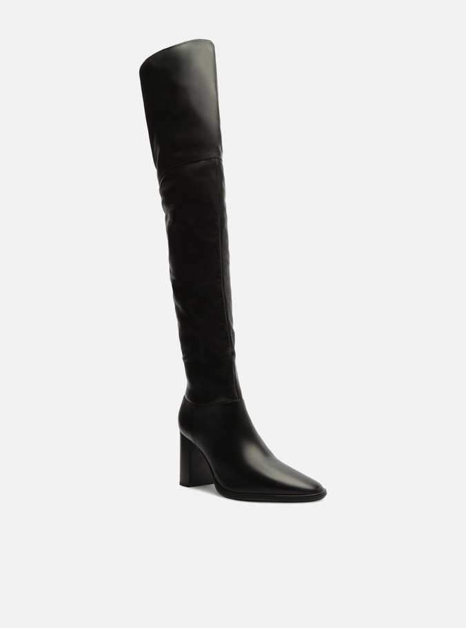 Bota Over The Knee Preta Couro Salto Alto