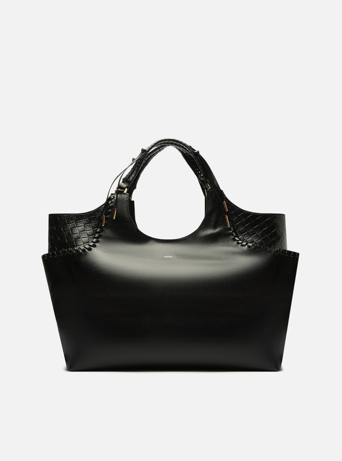 Bolsa Shopping Preta Couro Grande Detalhe Franjas