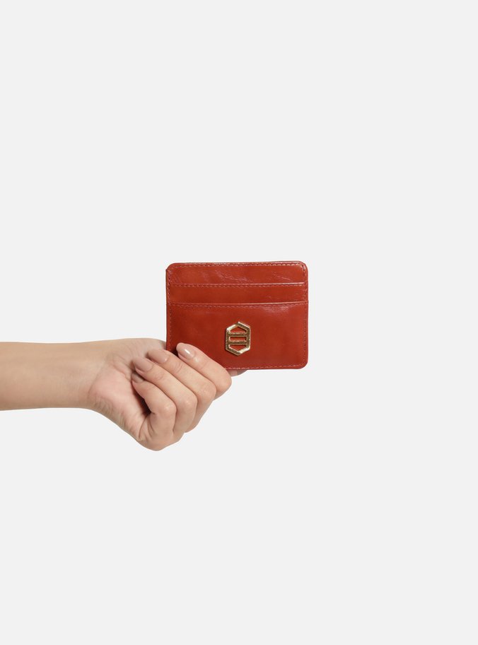 Porta-Cartões Laranja Couro Metal