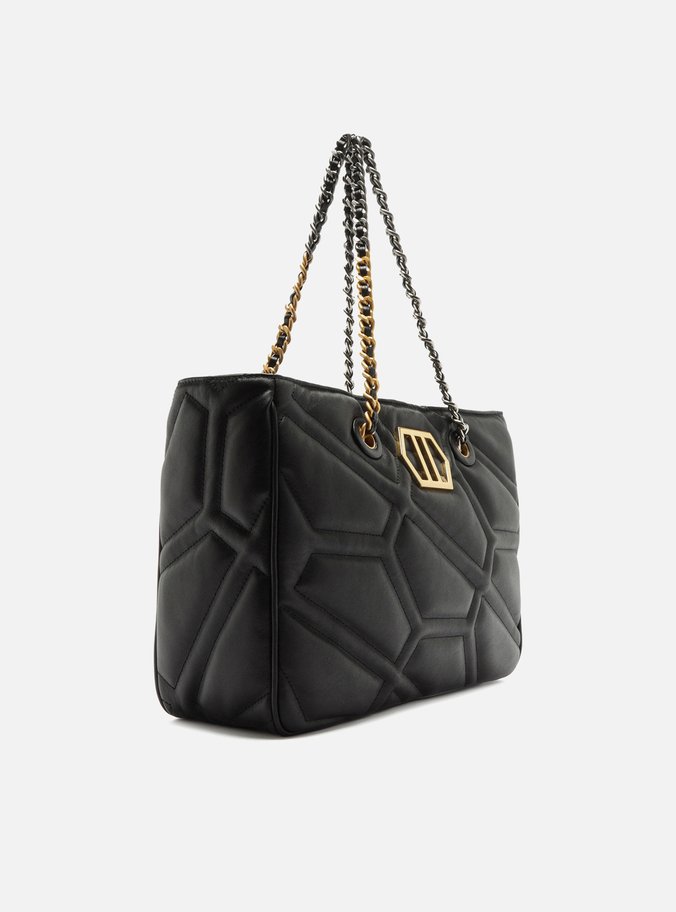 Bolsa Shopping Preta Couro Emma Grande Corrente