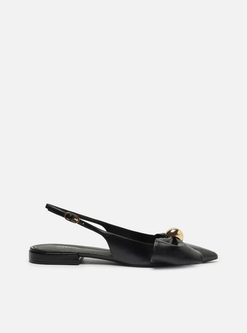 Sapatilha Preta Couro Slingback Laço Metal