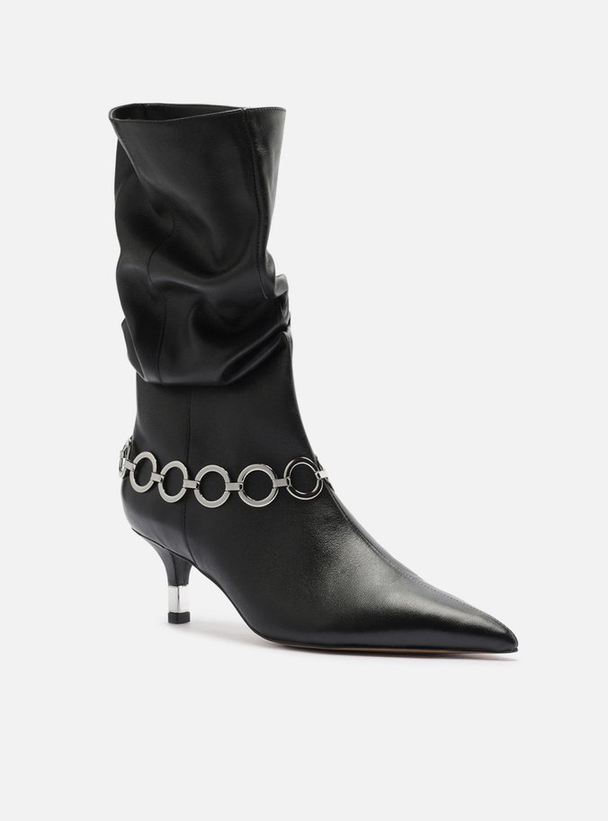 Bota Preta Couro Salto Fino Slouchy Metais