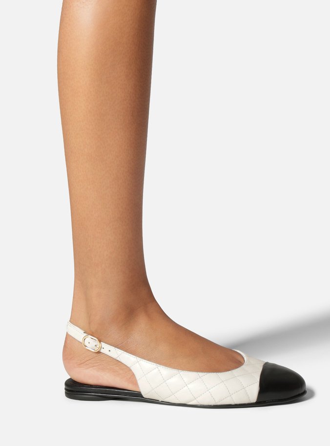 Sapatilha Branca Couro Bico Redondo Matelassê Slingback