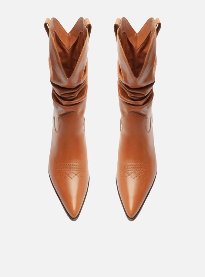 Bota Marrom Couro Cano Curto Franzido Western