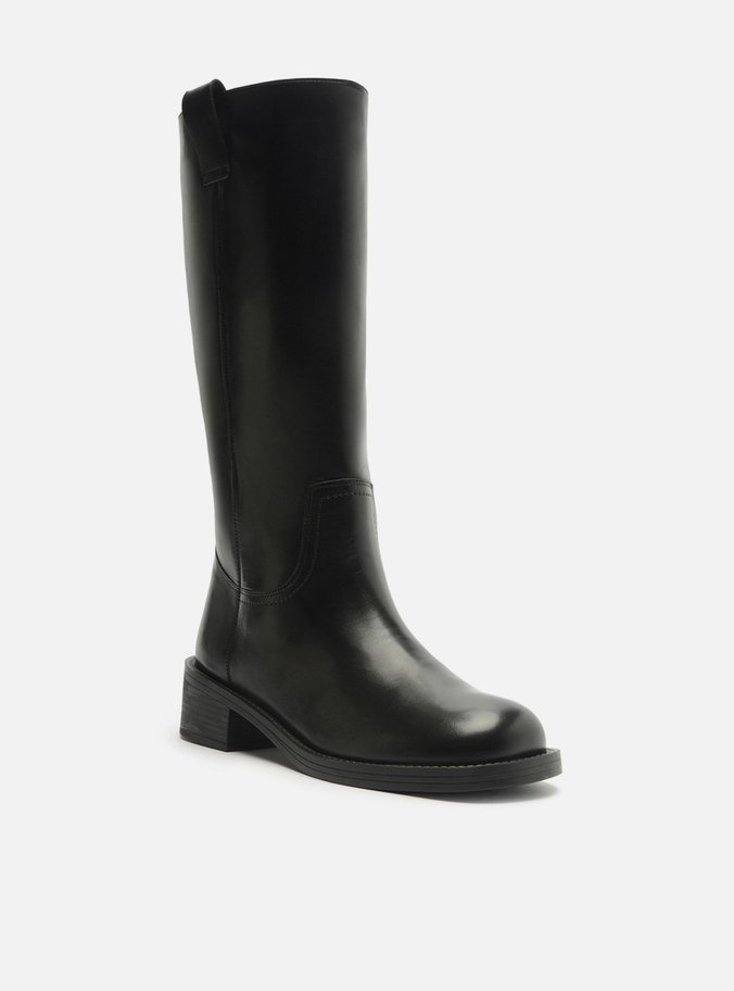 Bota Preta Couro Cano Longo Salto Bloco Tiras