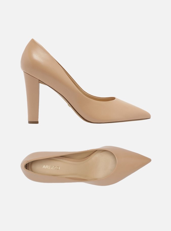 Scarpin Nude Couro Salto Alto Bloco Bico Fino