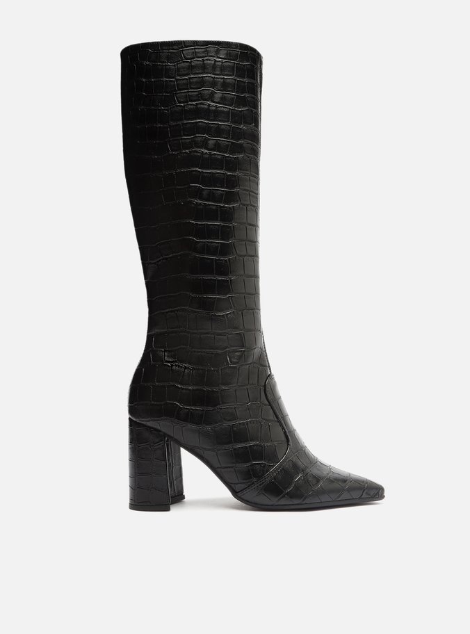 Bota Preta Croco Cano Longo Salto Bloco Easy Arezzo