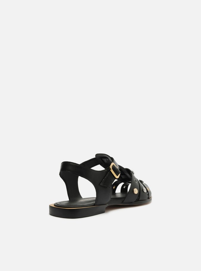 Sandália Rasteira Preta Couro Huarache Metal