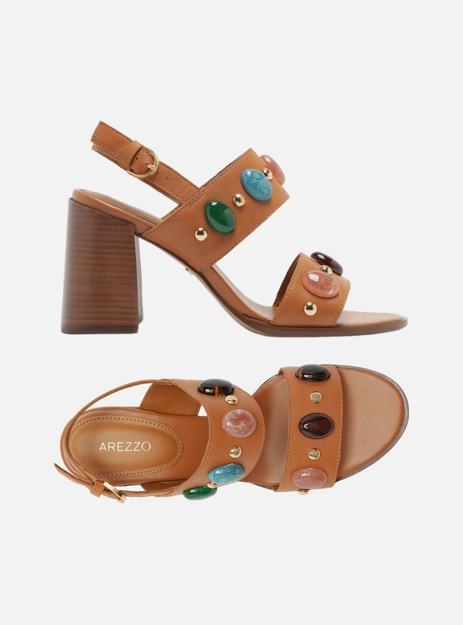 Sandália Marrom Couro Bloco Pedras Boho