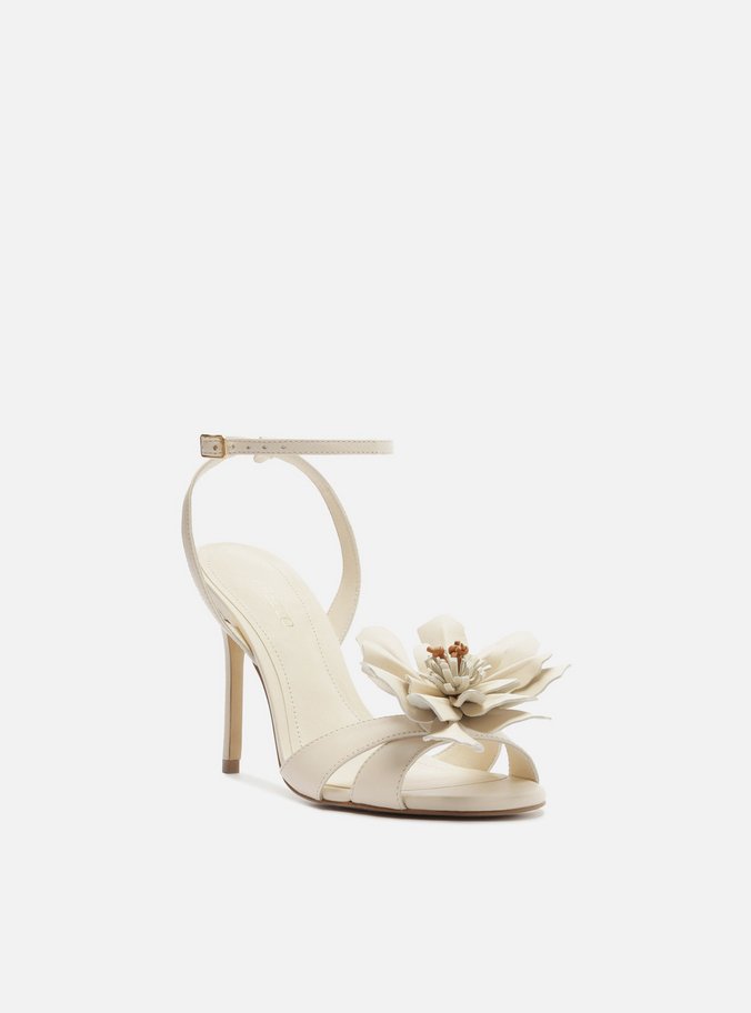 Sandália Branca Couro Salto Fino Flor