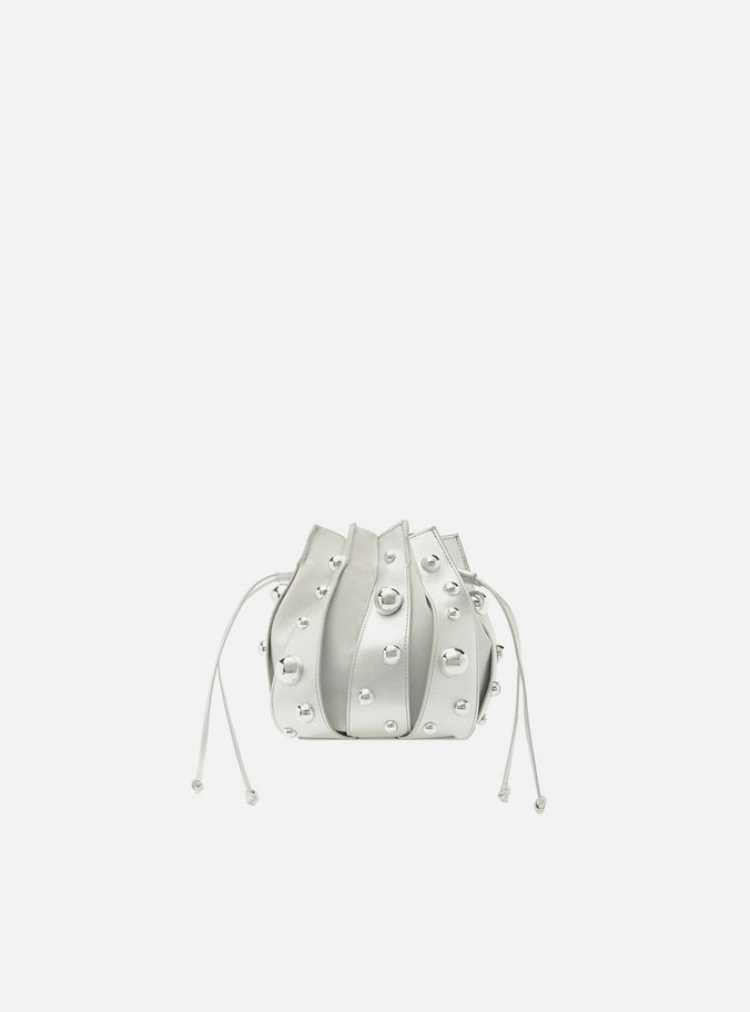 Bolsa Bucket Prateada Couro Pequena Esferas