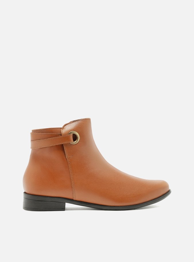 Bota Caramelo Couro Cano Curto Salto Baixo Ilhós