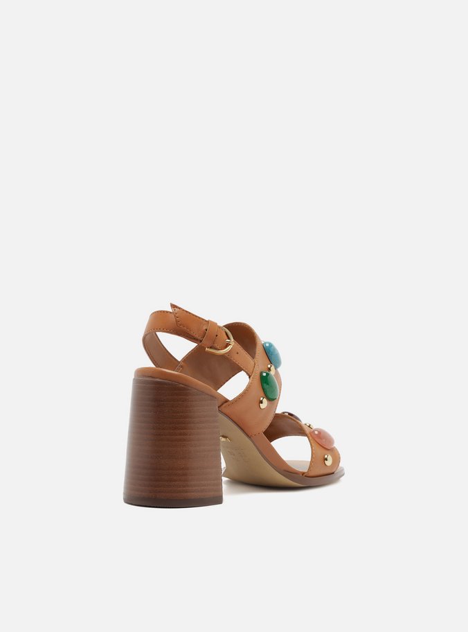 Sandália Marrom Couro Bloco Pedras Boho