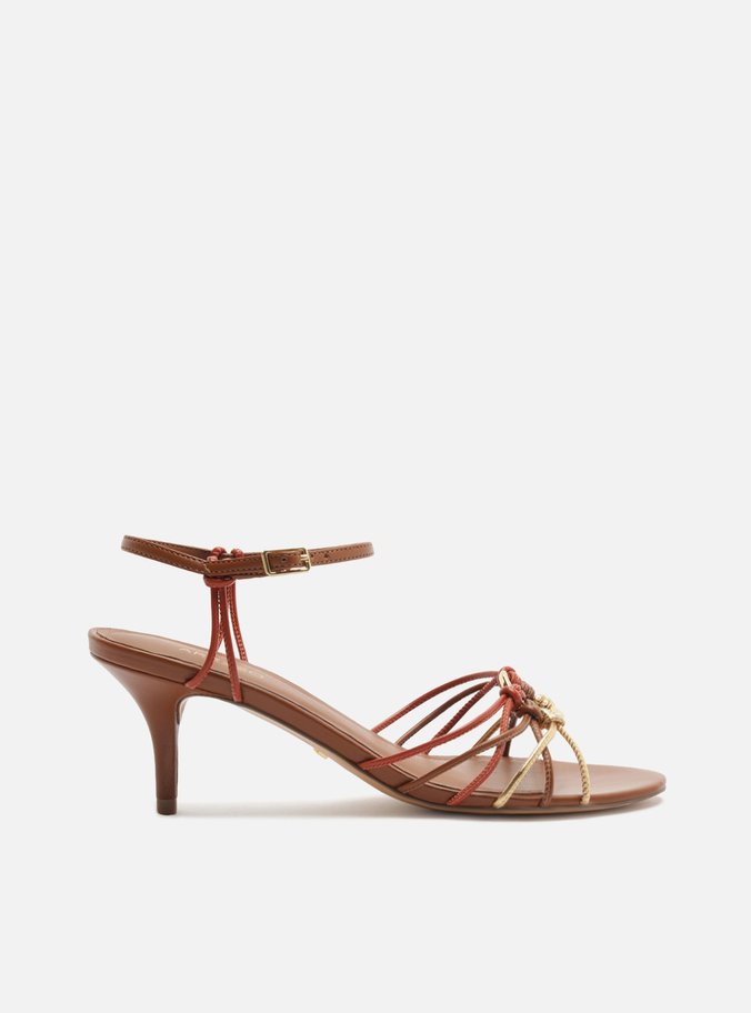 Sandália Marrom Salto Médio Tiras Finas Argola Mix