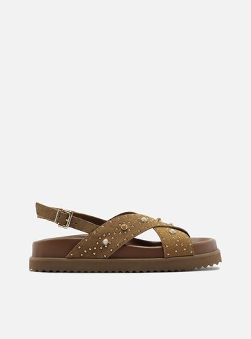 Sandália Papete Marrom Clara Acamurçada Aplicações