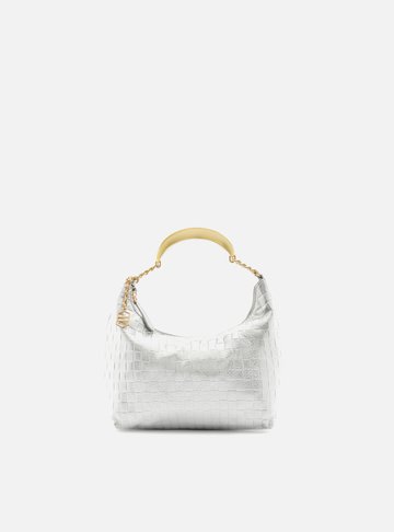 Bolsa Hobo Prata Couro Tressê Pequena Silvia Braz