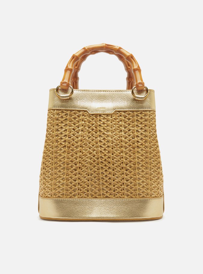 Bolsa Bucket Dourada Couro Palha Isla Média