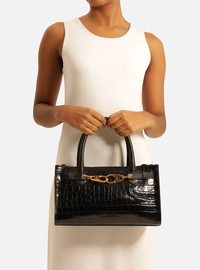Bolsa Tote Preta Couro Croco Grande Ganchos