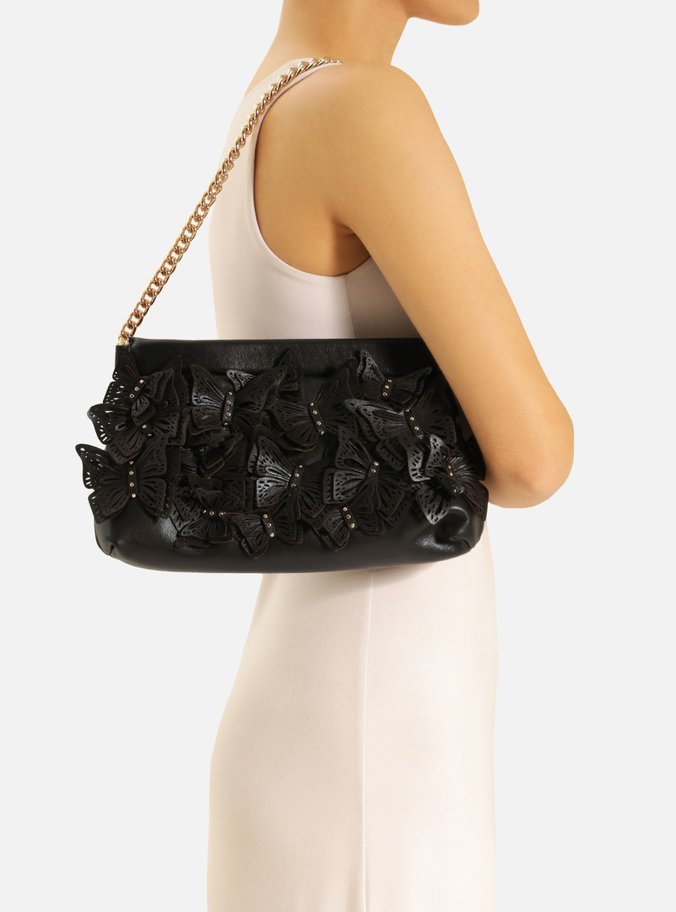 Clutch Preta Couro Pequena Borboletas