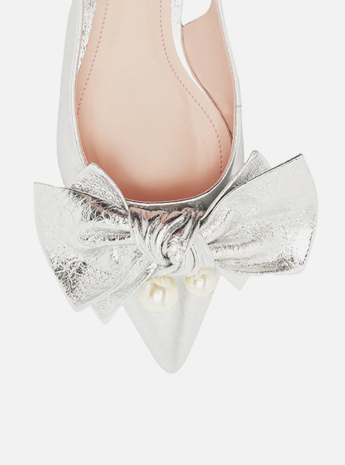 Sapatilha Prata Couro Slingback Laço Pérolas