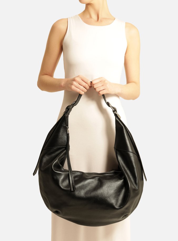 Bolsa Hobo Preta Couro Grande Fivelas