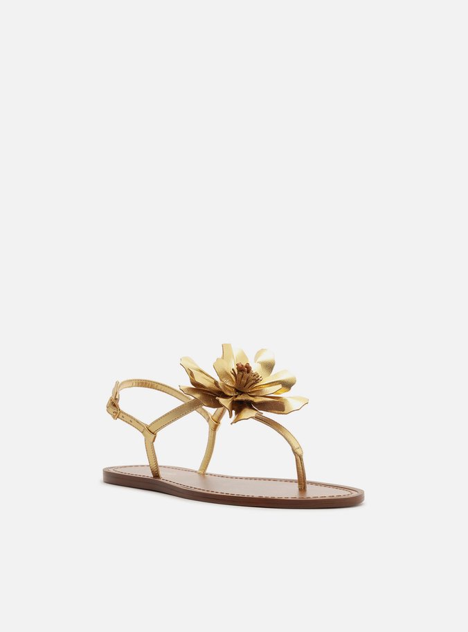 Sandália Rasteira Dourada Couro Slim Flor