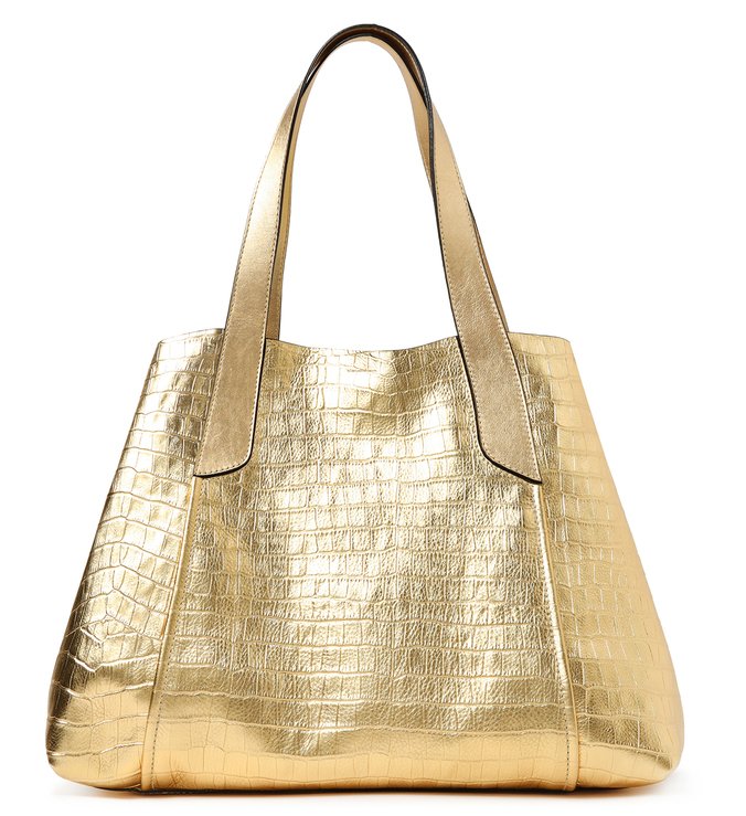 Bolsa Shopping Dourada Couro Croco Roma