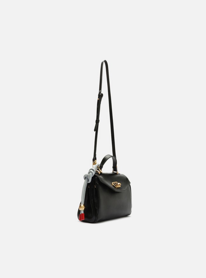 Bolsa Satchel Preta Couro Pequena Bag Charm Nó