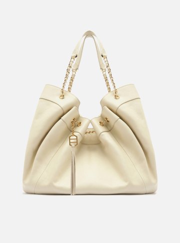 Bolsa Shopping Branca Couro Grande Franzido