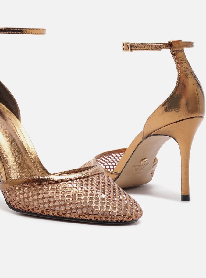 Scarpin Bronze Salto Alto Fino Aberto Tela