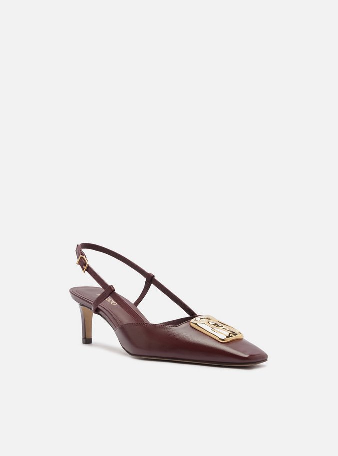 Scarpin Vinho Couro Salto Baixo Slingback Metal