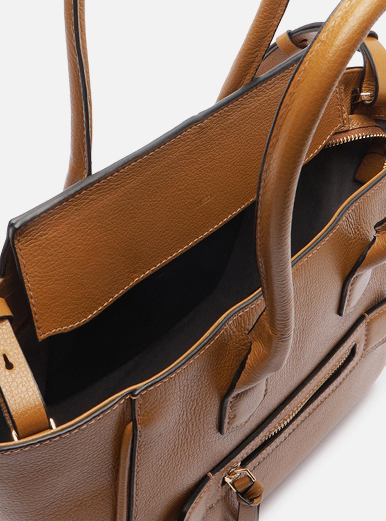 Bolsa Tote Caramelo Couro Média Bolso Zíper — foto 4