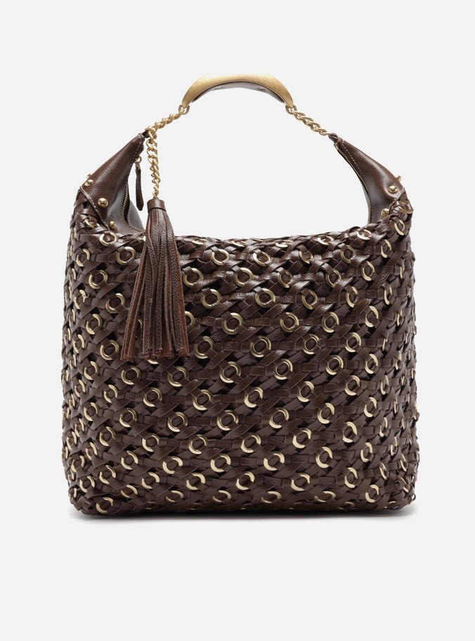 Bolsa Hobo Marrom Couro Tressê Metais Grande