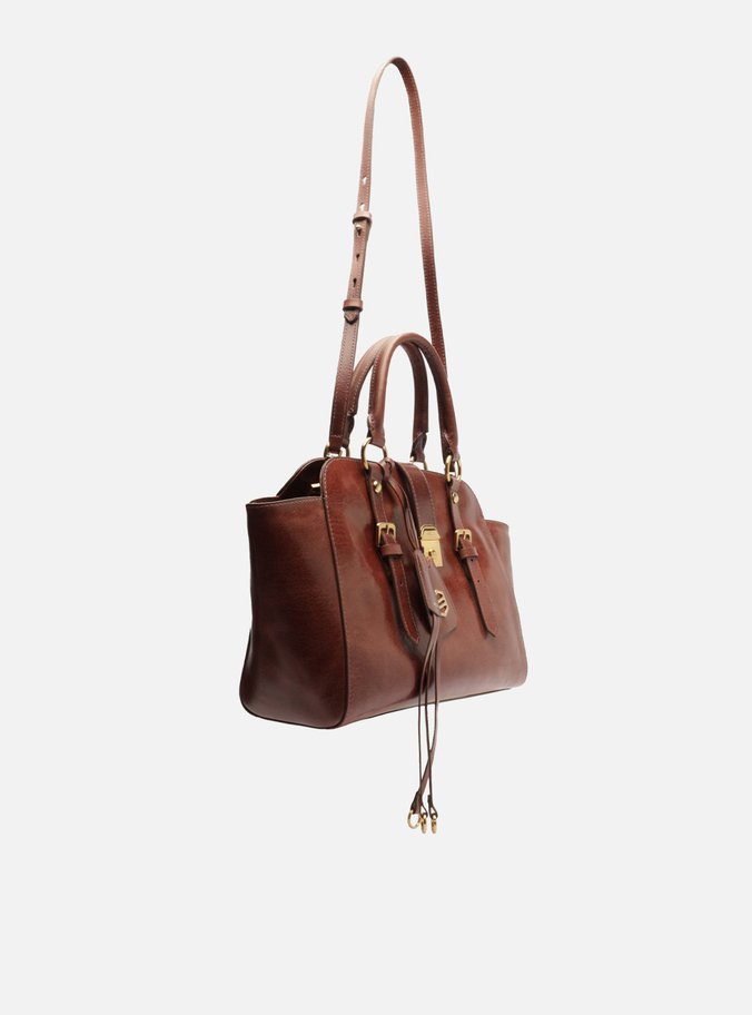Bolsa Tote Marrom Couro Estonado Média Metal