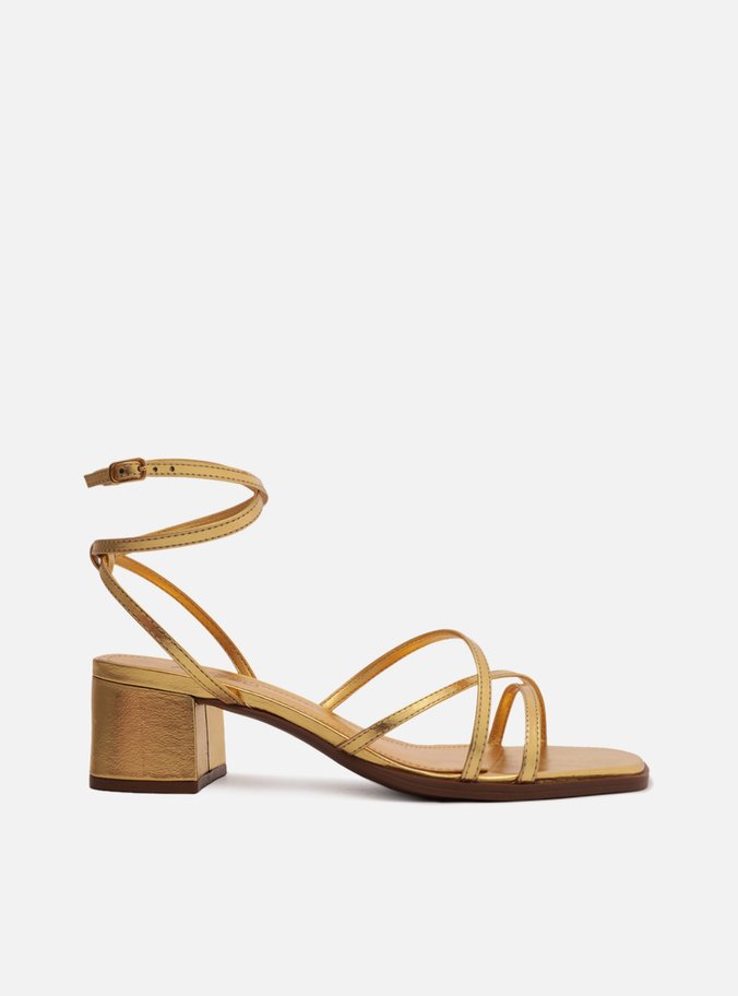 Sandália Dourada Couro Salto Baixo Bloco Tiras Arezzo
