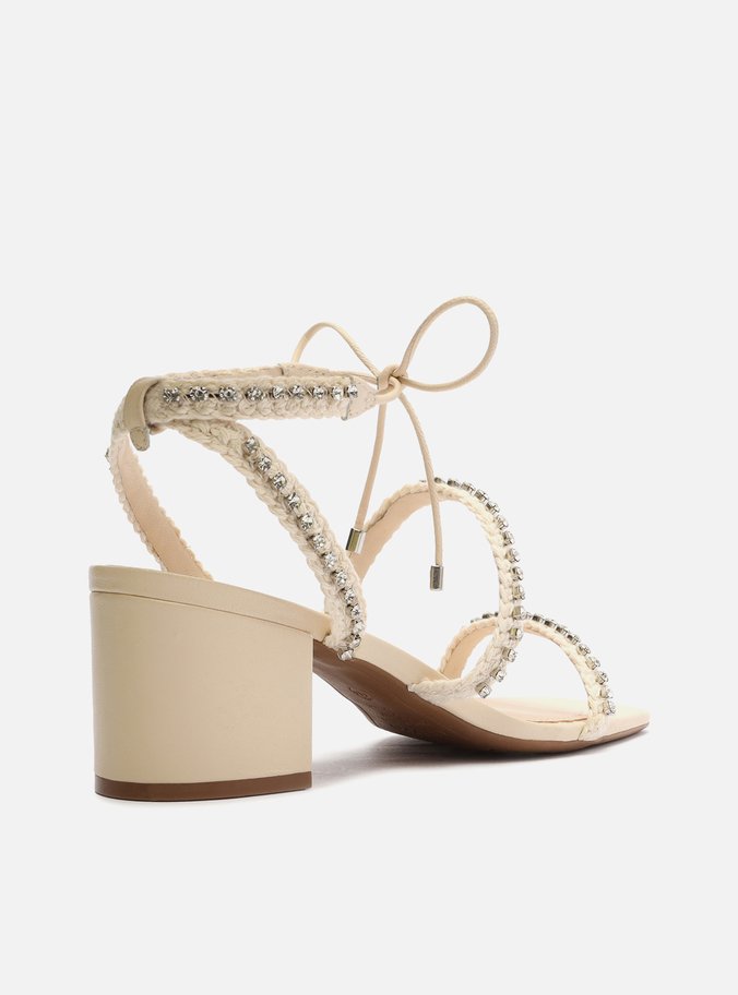 Sandália Off-White Salto Médio Bloco Strass Mykonos