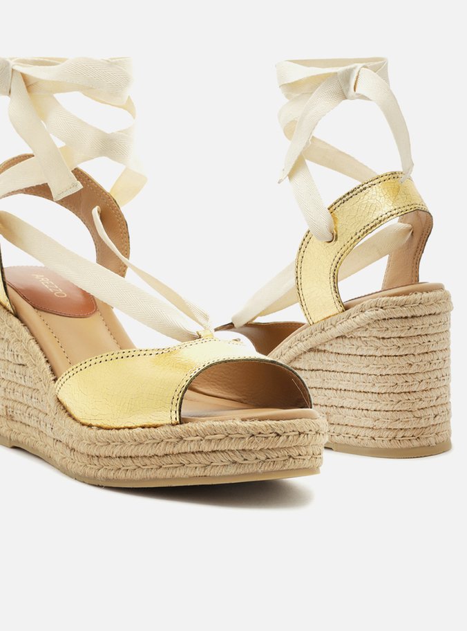 Espadrille Dourada Couro Plataforma Amarração