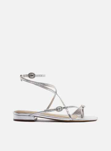 Sandália Rasteira Dourada Couro Fivelas Cristais