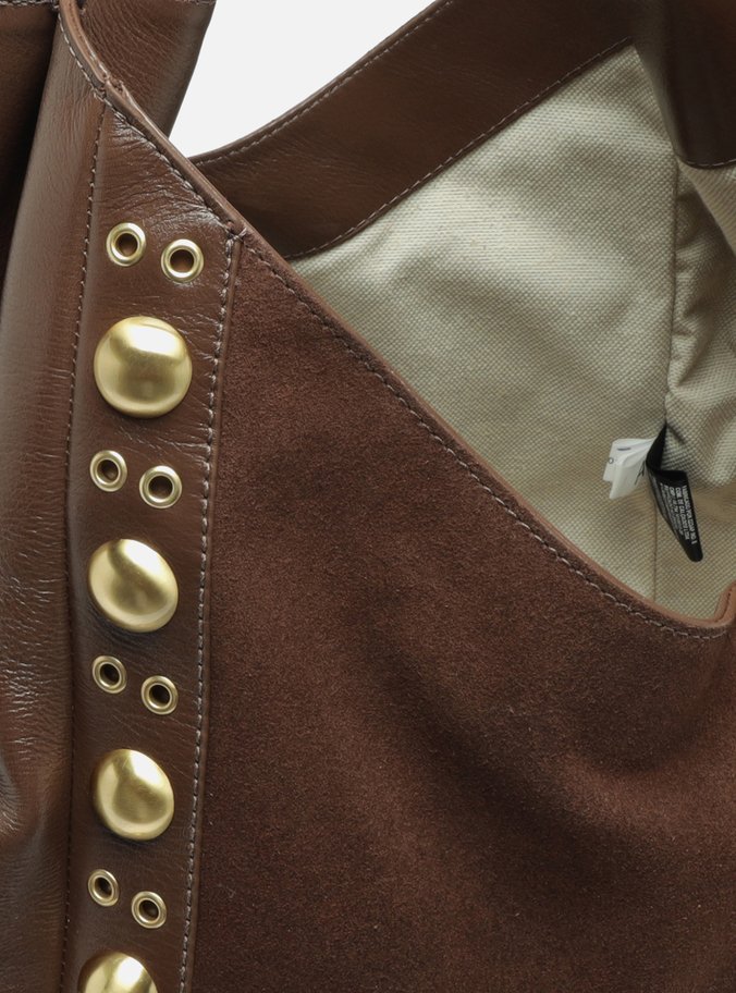 Bolsa Hobo Marrom Couro Camurça Grande Metais