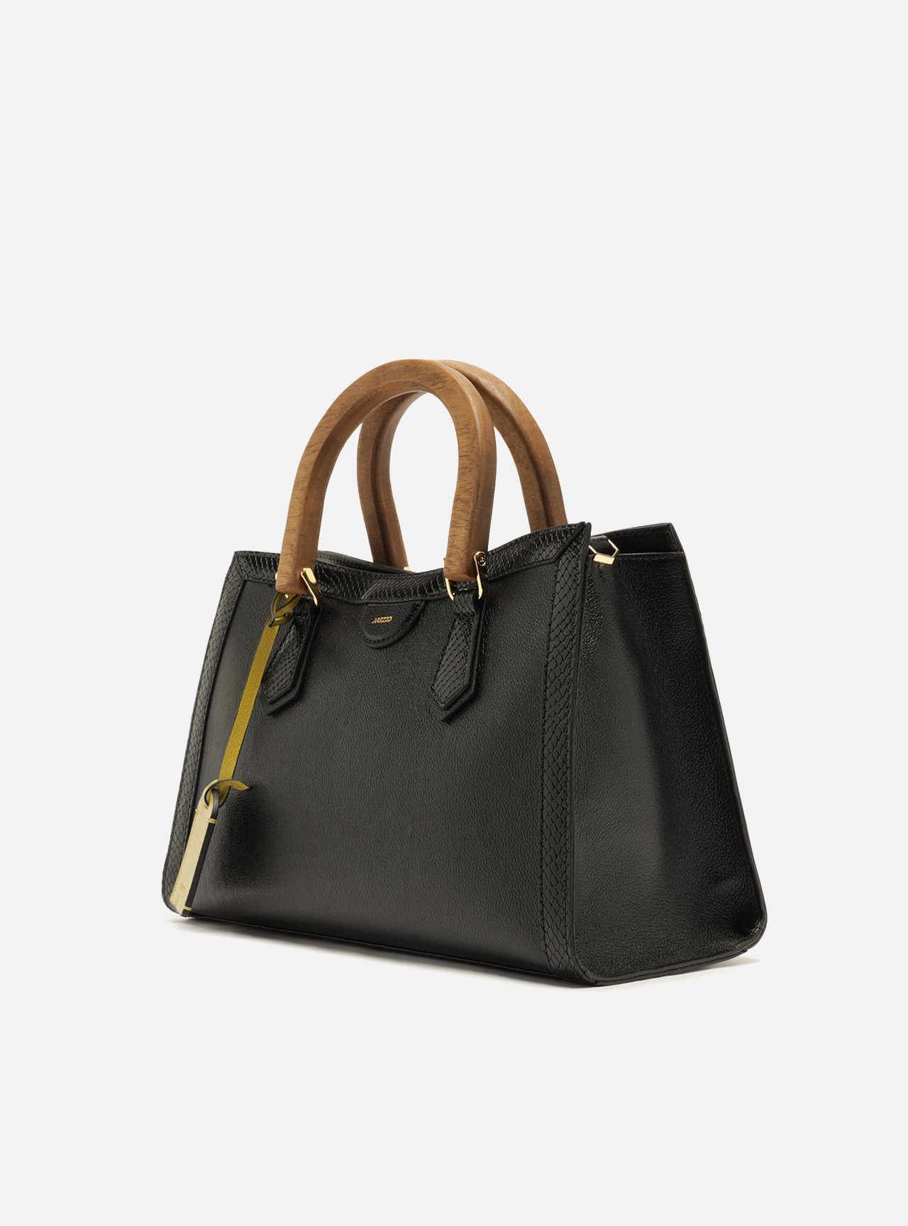 Bolsa Tote Preta Couro Média Alça Madeira — foto 2