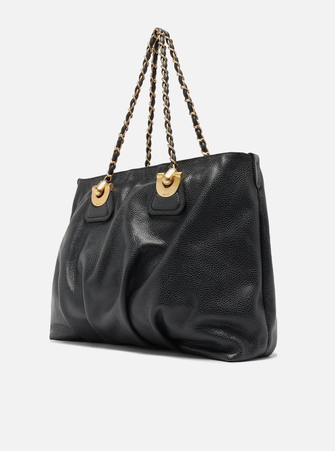 Bolsa Shopping Preta Couro Grande Franzida