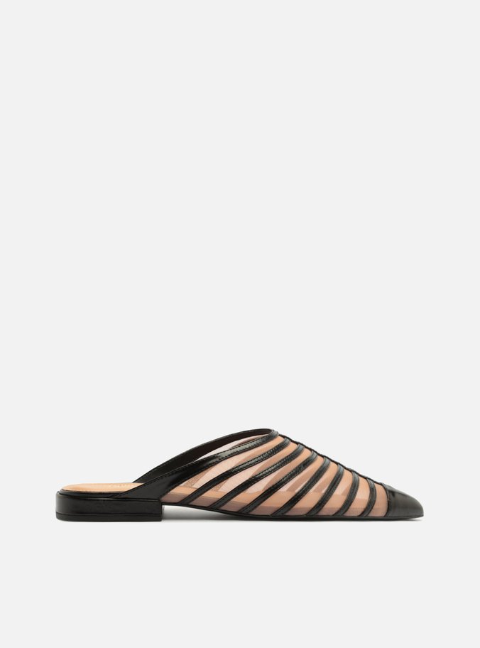 Mule Preta Tela Salto Rasteiro Bico Fino