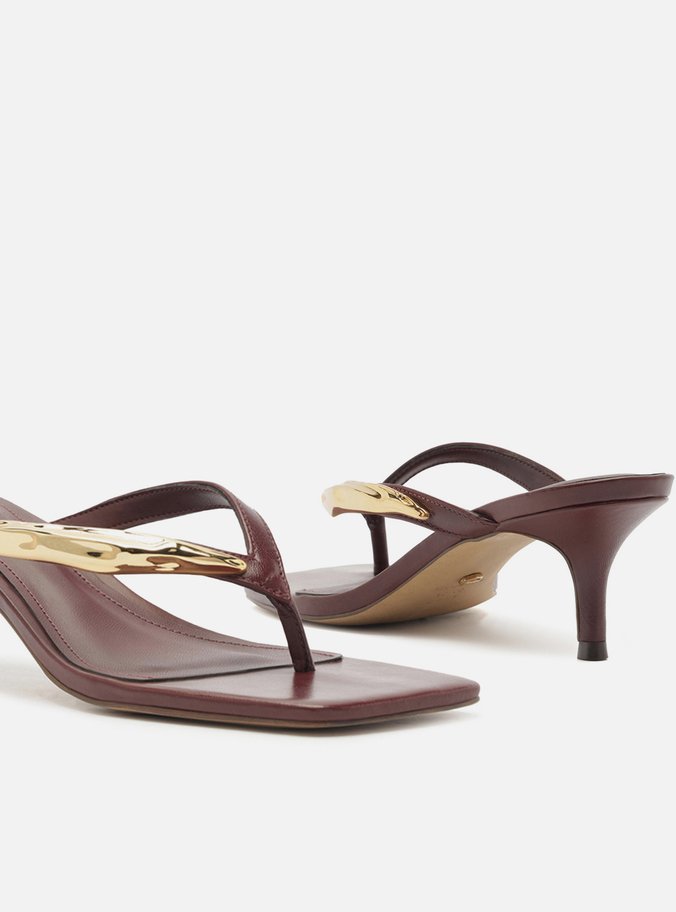 Tamanco Vinho Couro Salto Fino Flip Flop Metal