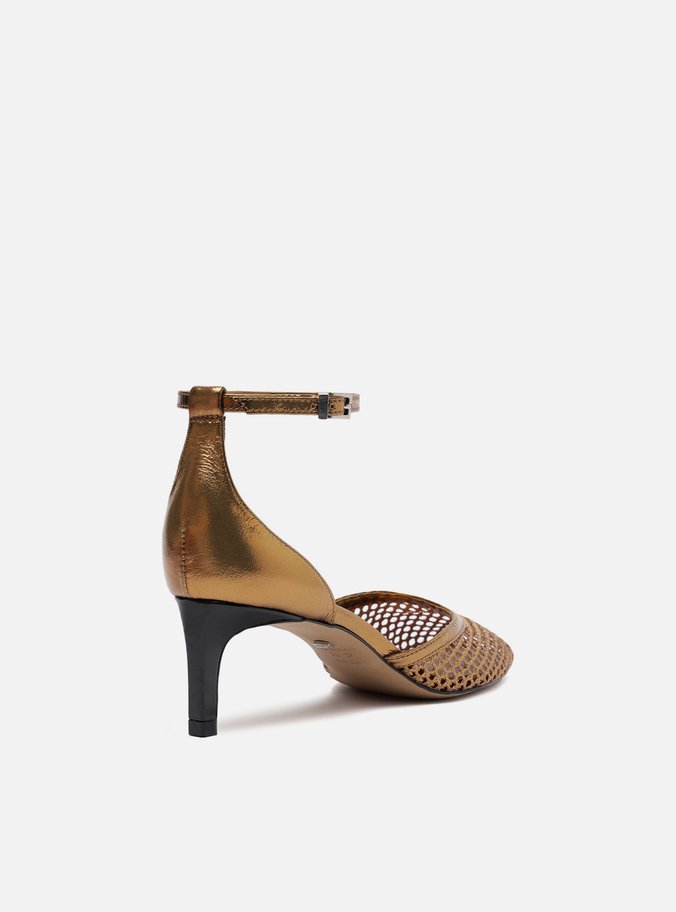 Scarpin Bronze Salto Baixo Fino Aberto Tela