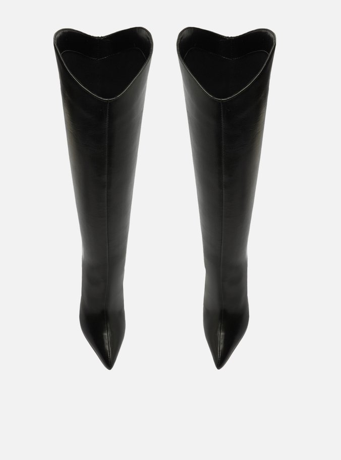 Bota Preta Couro Cano Longo Salto Alto