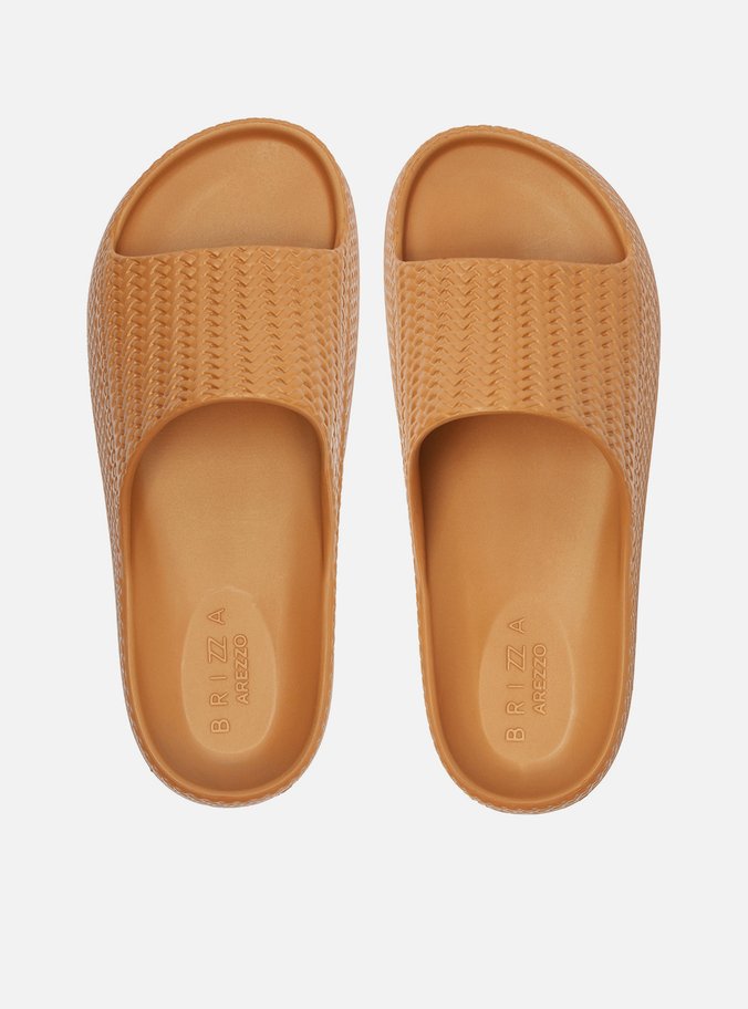 Slide Marrom Camel Tressê Flatform Tira