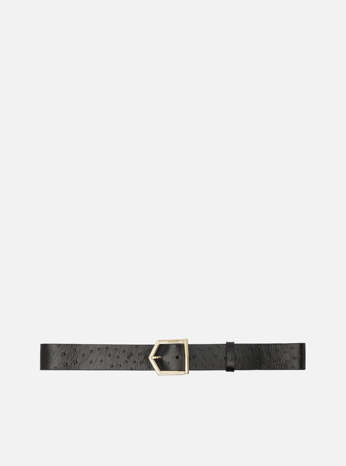 Cinto Preto Fivela Hexagonal Dourada Avestruz