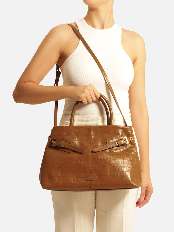 Bolsa Tote Caramelo Couro Croco Grande Fivelas