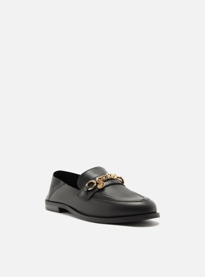 Mocassim Preto Couro Corrente Pingente