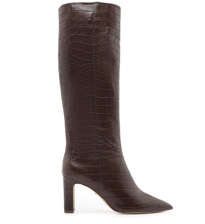 Bota Couro Croco Salto Médio Cano Longo Bico Fino Cacau Brown